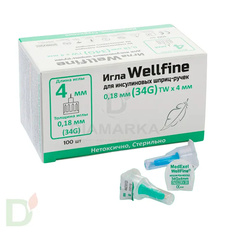 Иглы WellFine (УЛЬТРАТОНКИЕ) 34G TW*4мм, 100 шт.