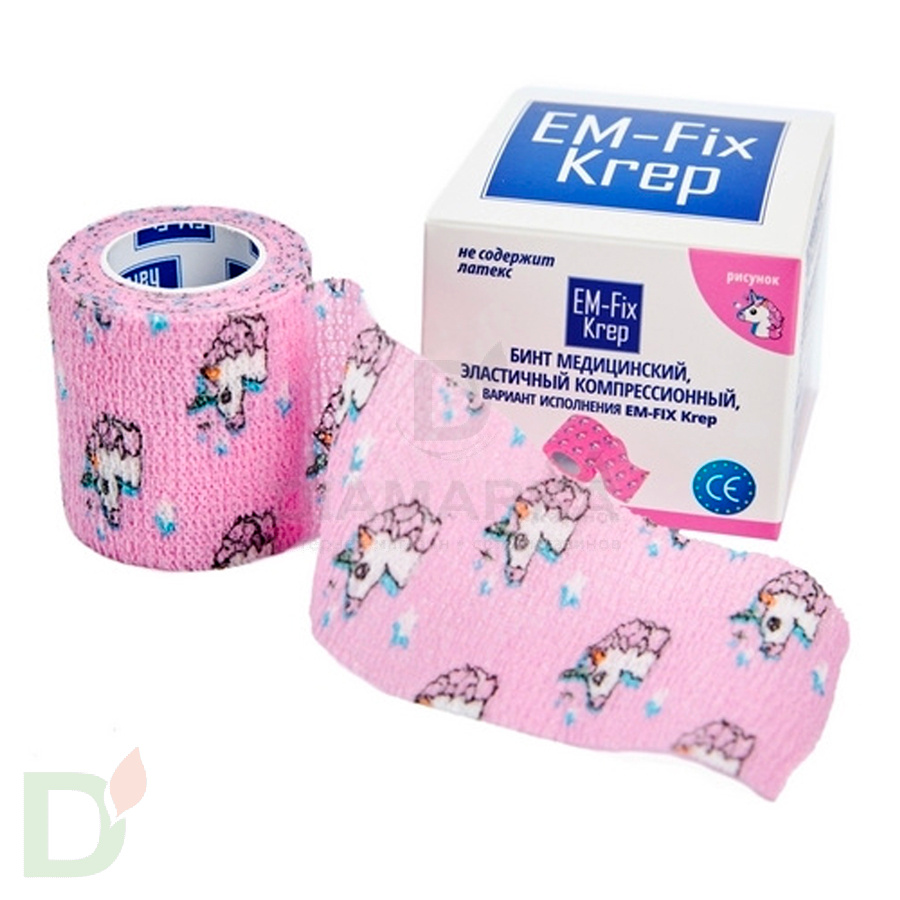 Бинт самофиксирующийся EM-Fix krep Розовый с единорогом, 5см*4,5м в Волгограде